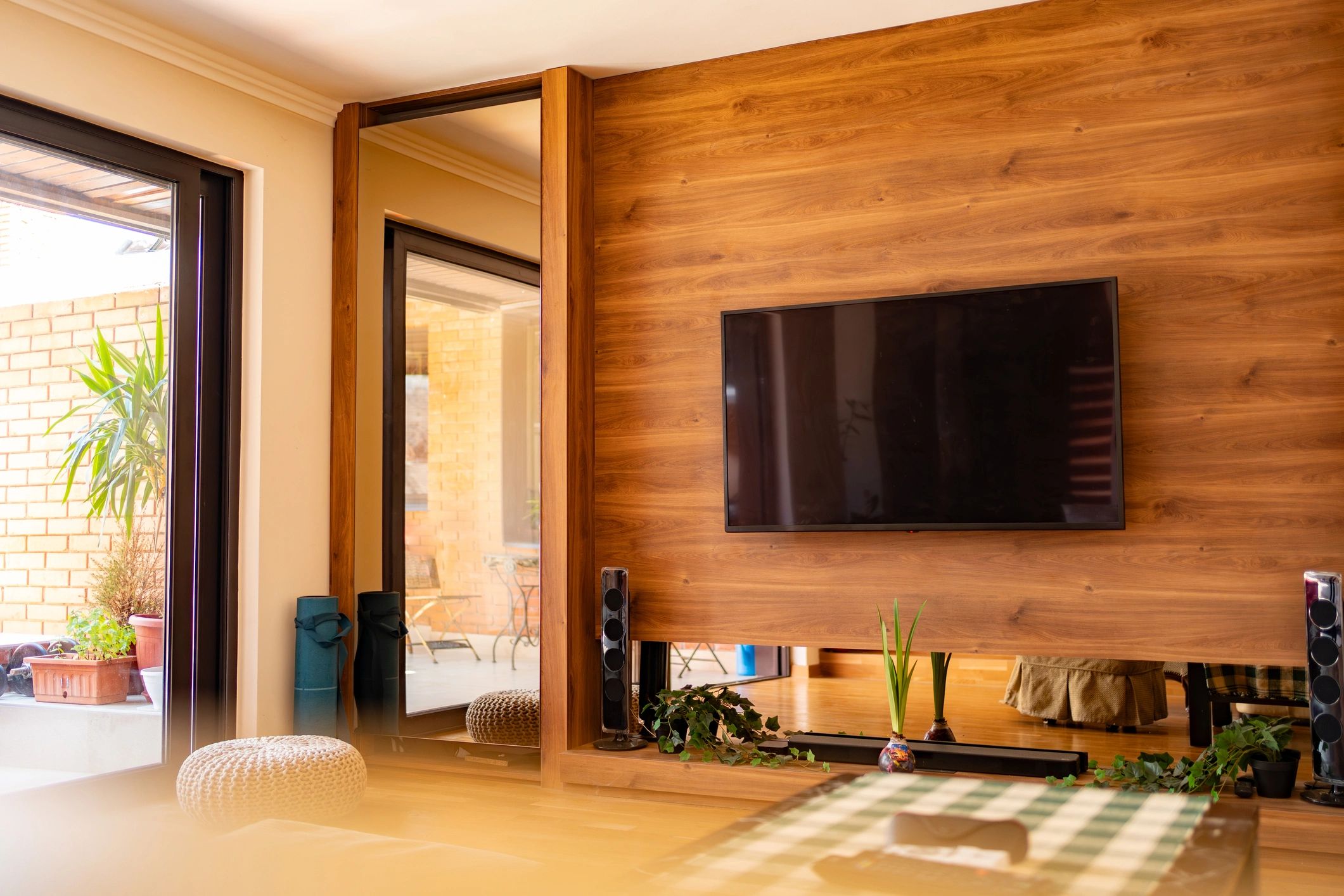 Modern living room with television and audio setup